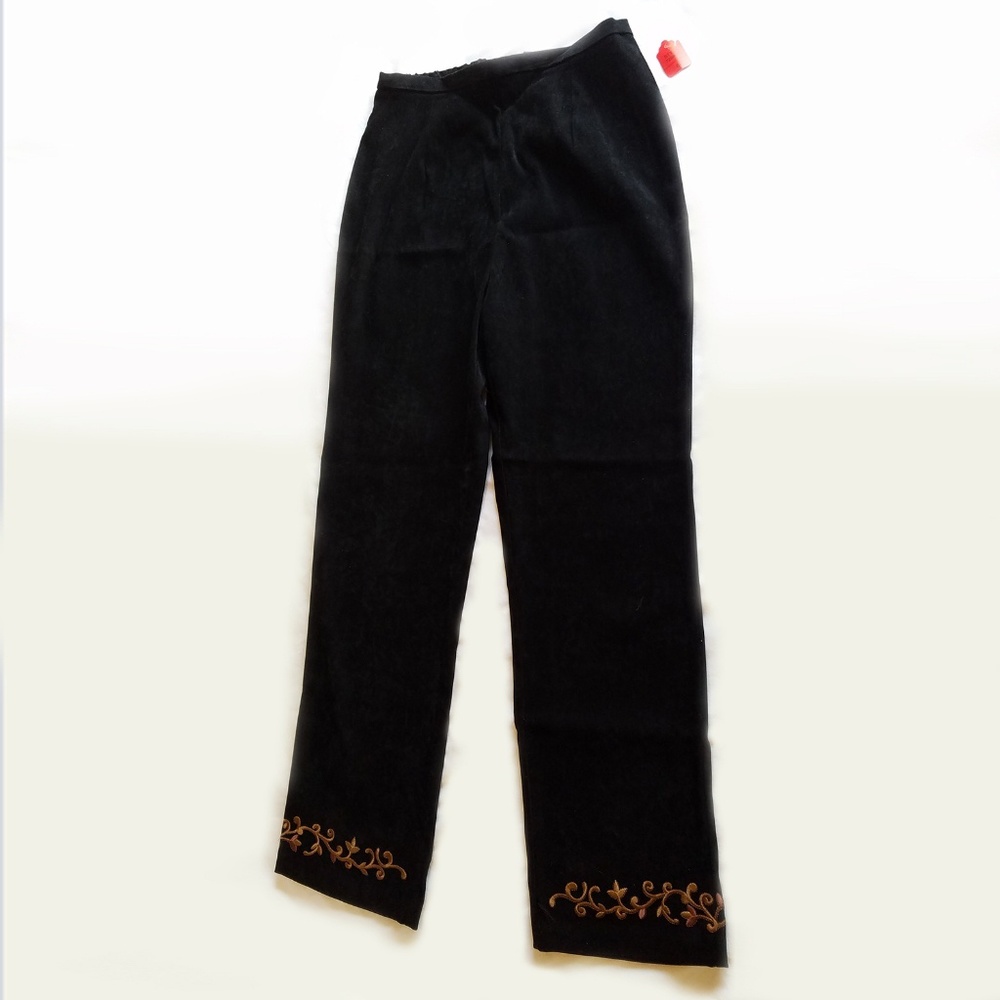 Black Suede Pants with Embroidery Detail